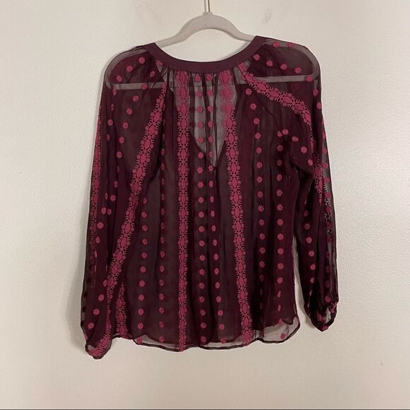 ASO TVD ZOA Maroon 100% Silk Sheer Long Sleeve Blouse Top - Picture 3 of 10